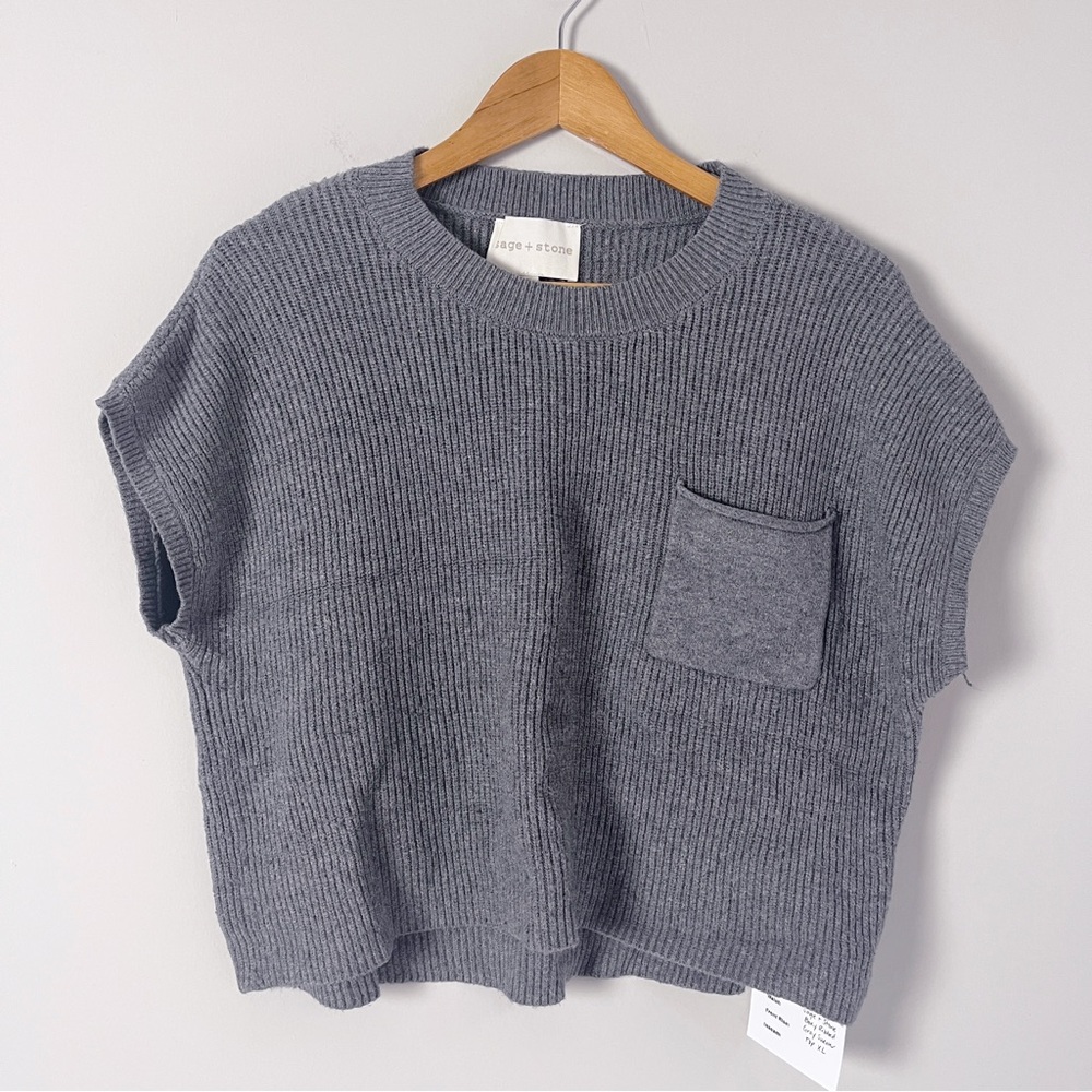 2/$30 Sage + Stone Gray Ribbed Boxy Knit Short Sleeve Sweater XL